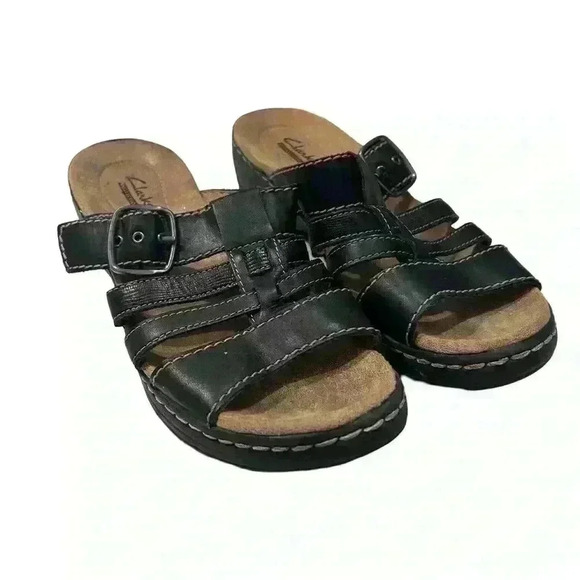 clark’s  Bendables Womens Size 8 Leather Cross Strap Slide Sandals Shoes black - Picture 5 of 7